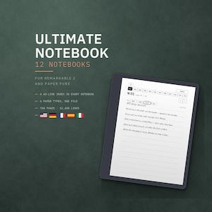 May include: A digital notebook file for Remarkable 2 and Paper Pro featuring 12 notebooks, 740 pages, and 12,458 links. The screen displays a lined page with an index, navigation tabs, and handwritten text titled API design decisions.
