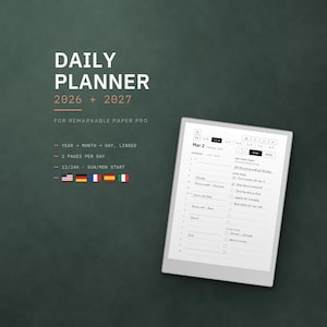 Könnte beinhalten: Ein digitaler Tagesplaner für reMarkable Paper Pro für die Jahre 2026 und 2027. Die Benutzeroberfläche zeigt einen Zeitplan für den 2. März mit Aufgabenlisten, Zeitfenstern und Reitern. Text: DAILY PLANNER 2026 + 2027 FOR REMARKABLE PAPER PRO.