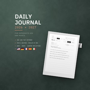 Könnte beinhalten: Ein digitales Tagesjournal für Supernote A5X und Manta mit den Jahren 2026 und 2027. Der Text enthält 'DAILY JOURNAL', 'FOR SUPERNOTE A5X AND MANTA' und listet Funktionen wie 'ONE LINE THAT MATTERED' auf. Ein Tablet zeigt eine Kalenderseite.