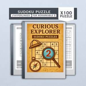 Könnte beinhalten: Ein digitales Sudoku-Puzzlebuch für Remarkable 2-Tablets. Das Cover zeigt ein Vintage-Explorer-Thema mit einer Lupe, einem Kompass und einem Hut. Das Buch trägt den Titel "Curious Explorer Sudoku Puzzles" und enthält 100 Puzzles.