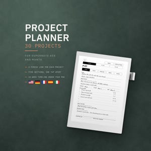 May include: A digital project planner for Supernote A5X and Manta featuring 30 projects, five sections, and a 13-week timeline. The screen displays a project template with fields for goals, milestones, and risks, alongside text reading PROJECT PLANNER.