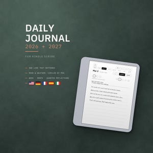 May include: A digital daily journal for Kindle Scribe featuring the text DAILY JOURNAL 2026 + 2027 FOR KINDLE SCRIBE. The screen displays a calendar interface for March 2nd with lined sections for daily entries, mood icons, and weather symbols.