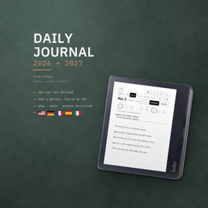 Puede incluir: Un diario digital para lectores electrónicos Kobo Libra, Sage y Elipsa, que cubre 2026 y 2027. La pantalla muestra una página de calendario del 2 de marzo con iconos de clima y estado de ánimo, una sección de reflexiones y entradas manuscritas.