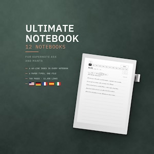 May include: A digital tablet displaying a notebook interface with the text ULTIMATE NOTEBOOK 12 NOTEBOOKS FOR SUPERNOTE A5X AND MANTA. The screen shows a page with a 60-line index, 6 paper types, 740 pages, and 12,458 links with five national flags.