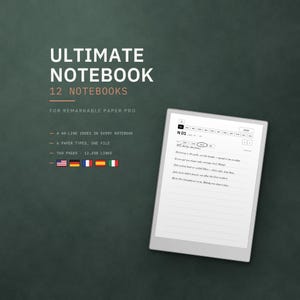 May include: A digital tablet displaying a notebook interface with the text ULTIMATE NOTEBOOK 12 NOTEBOOKS FOR REMARKABLE PAPER PRO. The screen shows a lined page with handwritten notes, an index, and navigation tabs. Features include 740 pages and 12,458 links.