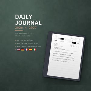 Puede incluir: Un diario digital para Remarkable 2 y Paper Pro con los años 2026 y 2027. La pantalla muestra una entrada del 2 de marzo con secciones de estado de ánimo, clima y reflexiones. El texto incluye Daily Journal, 2026 + 2027 y What Mattered Today.