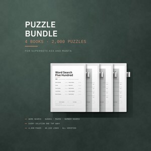 May include: A digital puzzle bundle featuring four books with 2,000 puzzles for Supernote A5X and Manta. The display shows a word search interface with categories like Animals, Food & Cooking, and Nature & Science. Includes 4,038 pages and 40,228 links.