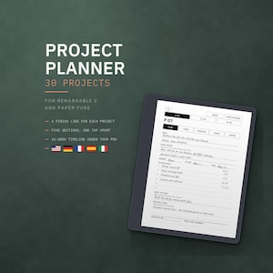 Projektplanerare för reMarkable 2 och Paper Pure: 30 projekt, hyperlänkad PDF, milstolpar, uppgifter, 13-veckors tidslinje, 5 språk