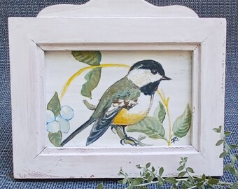 Vintage simple farmhouse garden chickadee bird painting framed