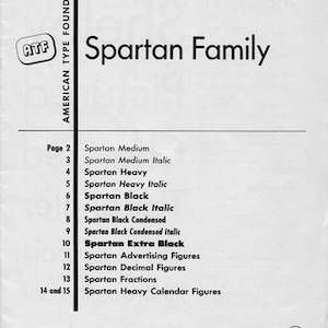 May include: A page from a typography catalog featuring the "Spartan Family" font. The title is in a bold sans-serif font. The page lists various styles, including "Spartan Black" and "Spartan Extra Black". The ATF logo is in the upper left corner.