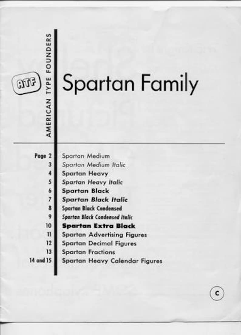 May include: A page from a typography catalog featuring the "Spartan Family" font. The title is in a bold sans-serif font. The page lists various styles, including "Spartan Black" and "Spartan Extra Black". The ATF logo is in the upper left corner.