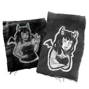 Demon girl handmade linoprint patches