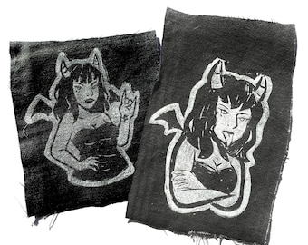 Demon girl handmade linoprint patches