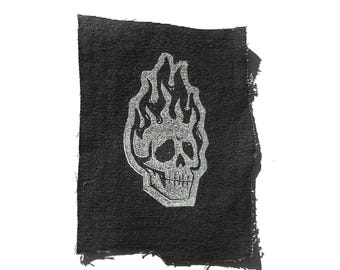 Flaming skull handmade lino print patch