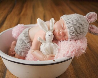 Newborn Bunny Hat, Bunny Hat And Diaper Cover Set, Newborn Photo Prop, Newborn Easter Hat, Pink And Gray Hat, Fluffy Bunny Tail