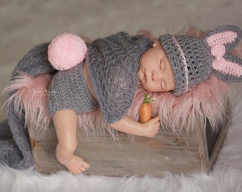 Newborn Bunny Hat, Bunny Hat And Diaper Cover Set, Newborn Photo Prop, Newborn Easter Hat, Pink And Gray Hat, Fluffy Bunny Tail