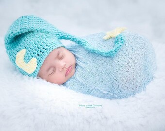 Newborn Moon Hat, Newborn Elf Hat, Newborn Photo Prop, Mr Sandman Hat, Long Tail Hat, Moon And Star Hat, Infant Elf Hat, Baby Hat With Star