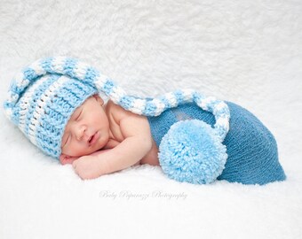Baby Boy Hat, Newborn Boy Hat, Crochet Infant Hat, Newborn Photo Prop, Baby Boy Hat, Newborn Pom Pom Hat, Blue And White Hat, Longtail Hat