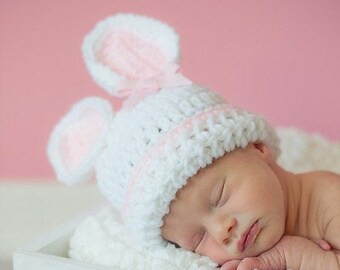 Newborn Bunny Hat, Pink And White Hat, Newborn Photo Prop, Newborn Easter Prop, Crochet Newborn Hat, Easter Hat, Rabbit Hat, Easter Bunny