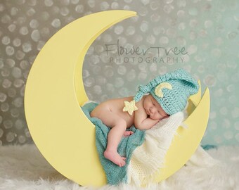Newborn Moon Hat, Newborn Elf Hat, Newborn Photo Prop, Mr Sandman Hat, Long Tail Hat, Moon And Star Hat, Infant Elf Hat, Baby Hat With Star