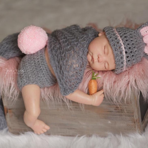 Newborn Bunny Hat, Bunny Hat And Diaper Cover Set, Newborn Photo Prop, Newborn Easter Hat, Pink And Gray Hat, Fluffy Bunny Tail