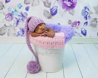 Newborn Elf Hat, Lavender Hat, Photography Prop, Newborn Photo Prop, Long Tail Hat, Stocking Cap, Newborn Pom Pom Hat, Crochet Baby Hat