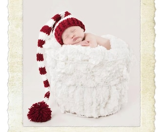 Newborn Santa Hat, Striped Christmas Elf Hat, Newborn Christmas, Christmas Photo Prop, Newborn Photo Prop, Burgandy and White Hat