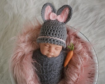 Crochet Bunny Hat, Newborn Bunny Hat, Baby Bunny Hat Hat, Gray Baby Hat, Newborn Girl Hat, Rabbit Hat For Baby, Bunny Hat With Bow, Pink Bow