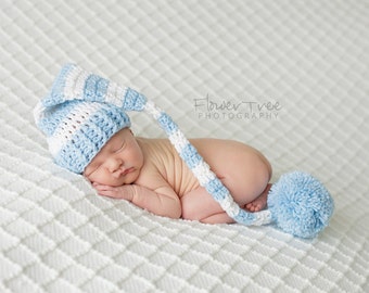 Newborn Elf Hat, Newborn Photo Prop, Newborn Boy Hat, Infant Boy Hat, Long Tail Hat, Newborn Pom Pom Hat, Striped Hat, Blue And White Hat