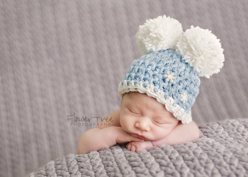 Newborn Pom Pom Hat Baby Blue Hat Crochet Winter Hat Etsy
