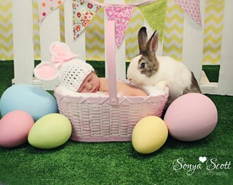 Newborn Bunny Hat, Baby Bunny Hat, Newborn Photo Prop, Newborn Easter Hat, Easter Photo Prop,  Crochet Bunny Hat, Pink and White Hat