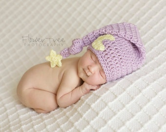 Newborn Moon Hat, Moon And Star Hat, Infant Elf Hat, Crochet Baby Hat,Lavender Baby Hat, Newborn Photo Prop, Long Tail Hat, Newborn Girl Hat