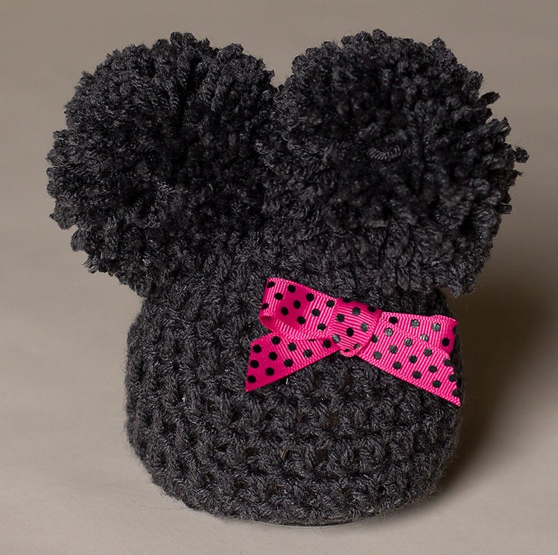 Newborn Pom Pom Hat, Charcoal Gray Hat, Newborn Girl Hat, Newborn Photo Prop, Infant Hat With Bow, Crochet Baby Hat, Newborn Boy Or Girl Hat image 2