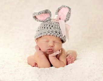 Newborn Bunny Hat, Pink and Gray Hat, Newborn Girl Hat, Newborn Photo Prop, Crochet Infant Hat, Newborn Easter Prop, Baby Bunny Hat