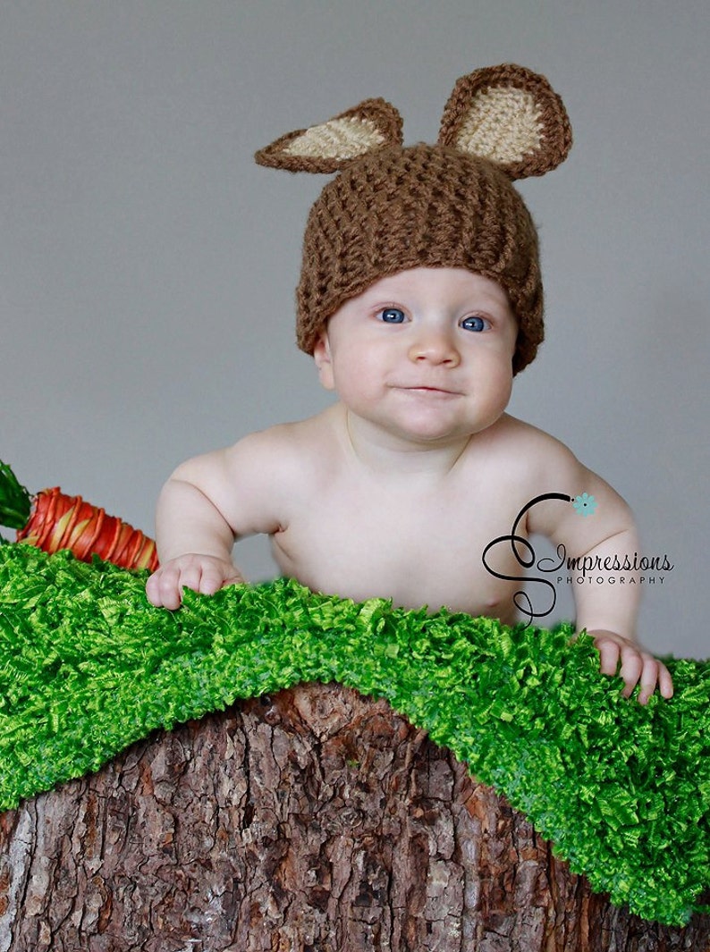 Crochet Bunny Hat, Brown Hat, Photography Prop, Newborn Photo Prop, Easter Photo Prop, 3 Month Size Hat, 6 Month size Hat, Infant Easter Hat image 2