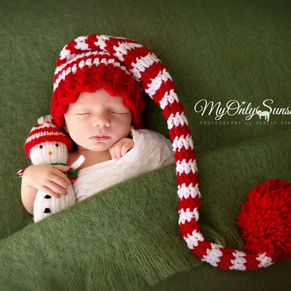 Newborn Elf Hat, Newborn Christmas Hat, Newborn Santa Hat, Stocking Cap, Long Tail Hat, Infant Pom Pom Hat, Christmas Baby Hat, Striped Hat