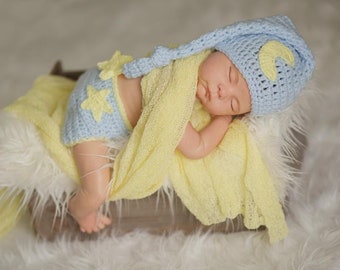 Newborn Photo Prop, Moon Hat And Diaper Cover Set, Newborn Moon Hat, Newborn Stocking Cap, Newborn Elf Hat, Long Tail Hat, Baby Star Hat