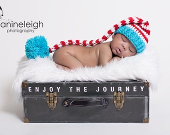 Newborn Striped Elf Hat, Newborn Elf Hat, Newborn Photo Prop, Red White and Blue Hat, Newborn Pom Pom Hat, Long Tail Hat, Stocking Cap