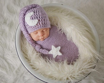 Moon And Star Hat, Newborn Photo Prop, Baby Girl Hat, Newborn Baby Hat, Crochet Baby Hat, Newborn Elf Hat, Lavender Hat, Lavender Moon Hat