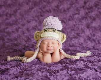 Newborn Sock Monkey Hat, Newborn Photo Prop, Newborn Girl Prop, Hat With Braids, Hat With Earflaps, Newborn Crochet Hat, Baby Girl Hat