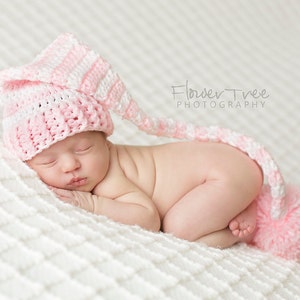 Newborn Elf Hat, Pink And White Hat, Newborn Photo Prop, Newborn Pom Pom Hat, Sleepy Time Cap, Long Tail Hat, Newborn Girl Hat, Crochet Hat