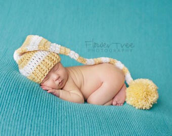 Newborn Elf Hat, Newborn Pom Pom Hat, Long Tail Hat, Sleepy Time Cap, Mr Sandman Hat, Newborn Stripe Hat, Crochet Infant Hat, Baby Elf Hat