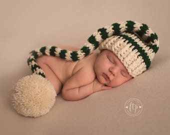 Newborn Elf Hat, Newborn Photo Prop, Stocking Cap, Long Tail Hat, Christmas Elf Hat, Green And Cream Baby Hat Newborn Pom Pom Hat