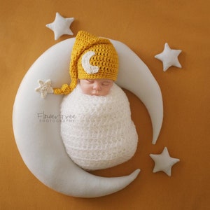 Baby Moon Hat, Newborn Photo Prop, Sleepy Time Hat, Moon And Star Hat, Newborn Stocking Cap, Newborn Elf Hat, Newborn Mustard Hat