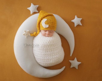 Baby Moon Hat, Newborn Photo Prop, Sleepy Time Hat, Moon And Star Hat, Newborn Stocking Cap, Newborn Elf Hat, Newborn Mustard Hat