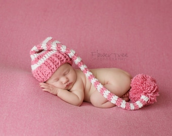 Newborn Elf Hat, Newborn Pom Pom Hat, Long Tail Hat, Sleepy Time Cap, Mr Sandman Hat, Newborn Stripe Hat, Crochet Photo Prop Hat, Elf Hat