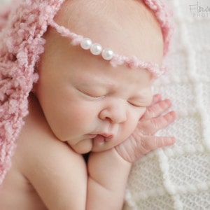 Newborn Headband, Newborn Halo, Newborn Photo Prop, Girl Photo Prop, Pink Headband, Headband With Pearls, Tie Back Headband, Baby Headband image 2