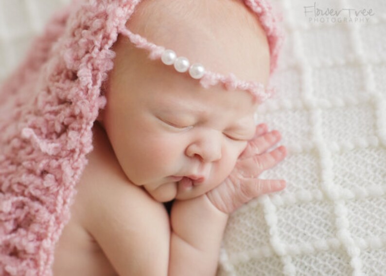 Newborn Headband, Newborn Halo, Newborn Photo Prop, Girl Photo Prop, Pink Headband, Headband With Pearls, Tie Back Headband, Baby Headband image 2