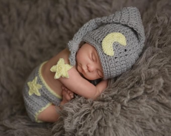 Newborn Photo Prop, Moon Hat And Diaper Cover Set, Long Tail Hat, Moon And Star Hat, Newborn Stocking Cap, Newborn Elf Hat, Newborn Moon Hat