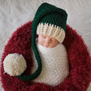 Newborn Santa Hat, Christmas Elf Hat, Newborn Photo Prop, Newborn Christmas, Stocking Cap, Long Tail Hat, Santa Elf Hat, Green Santa Hat